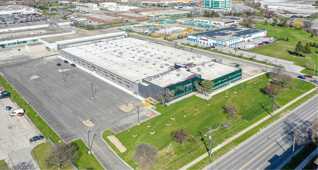 Aerial view of bhive's 1550 Birchmount Road studio facility and parking in Toronto